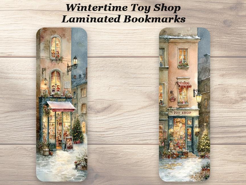 Winter Toy Shop Bookmarks. Set of 4 laminated Cozy Christmas Bookmarks. Ideal gift for all book lovers.