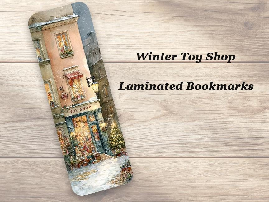 Winter Toy Shop Bookmarks. Set of 4 laminated Cozy Christmas Bookmarks. Ideal gift for all book lovers.