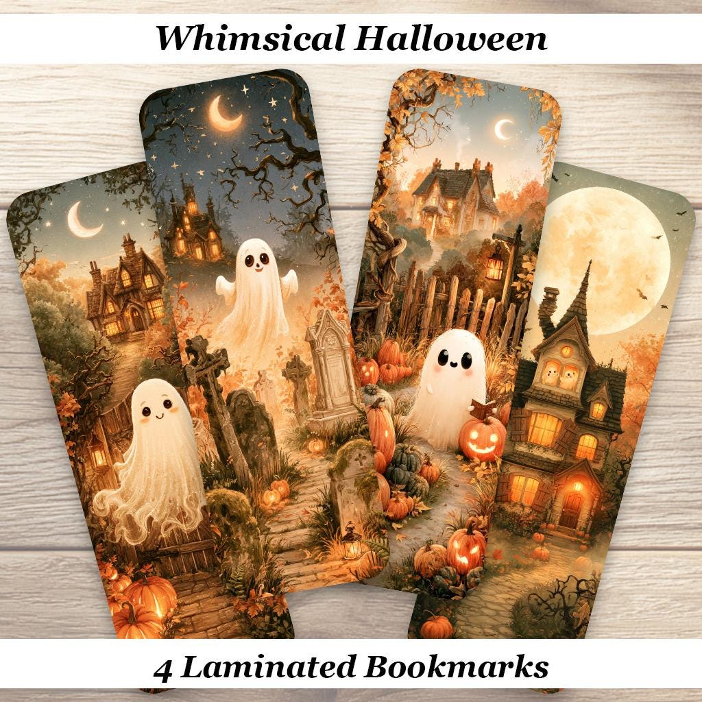 Whimsical Halloween Bookmarks. Set of 4 Laminated Whimsy Bookmarks. Ideal Fall Book Lover Gift.