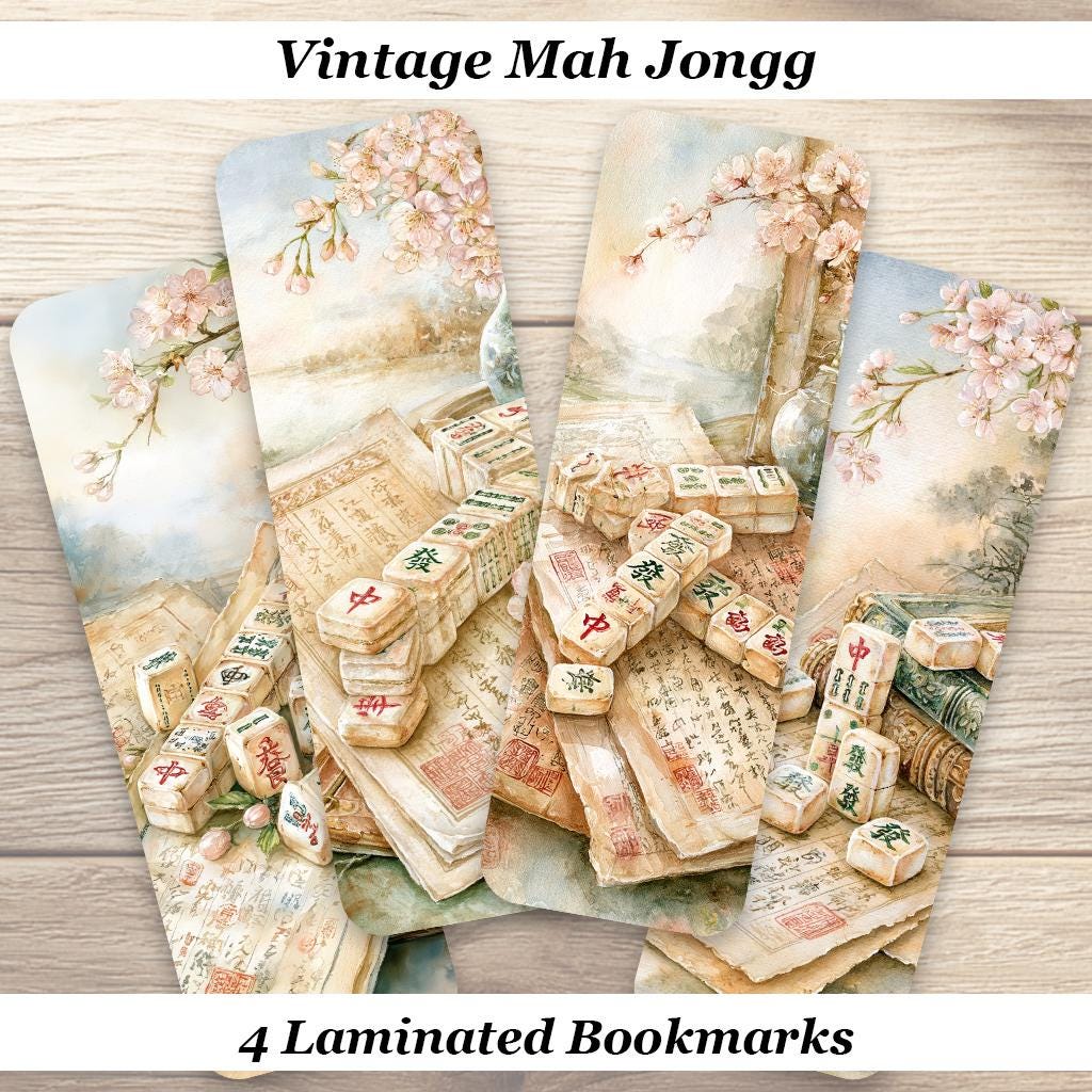 Vintage Mah Jongg Bookmarks. Set of 4 Laminated Mah Jong Bookmarks. Gift for Book Lovers