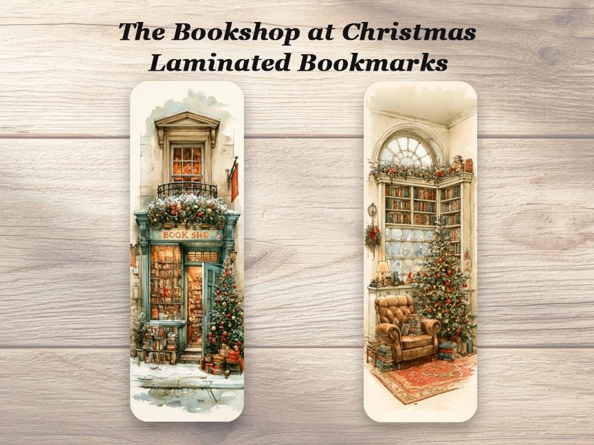 The Bookshop at Christmas Bookmarks. Set of 4 Laminated Winter Bookmarks. Book Lover Gift.