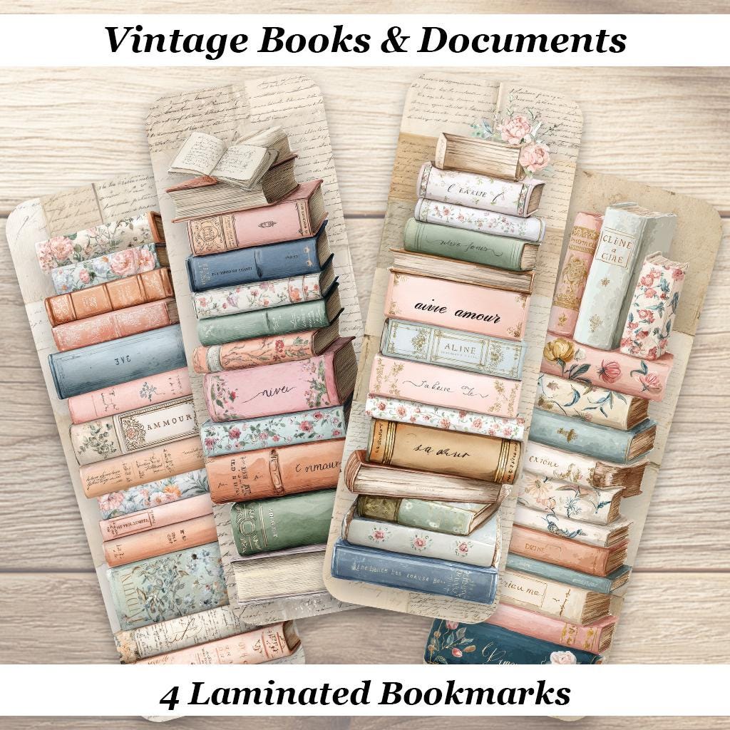 Vintage Books & Documents Bookmarks. Set of 4 Laminated Antique Book Lover Bookmarks.