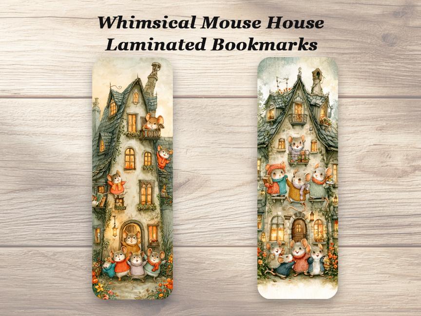 Whimsical Mouse House Bookmarks. Set of 4 Laminated Cute Mice Bookmarks. Book Lover Gift.
