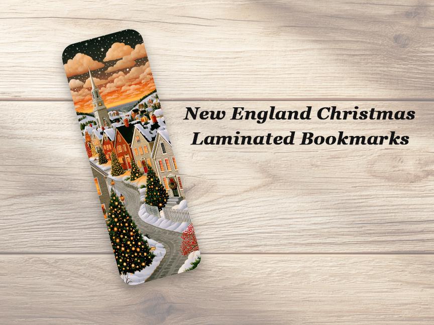 New England Christmas Bookmark. Set of 4 Laminated Winter Village Bookmarks. Book Lover Gift