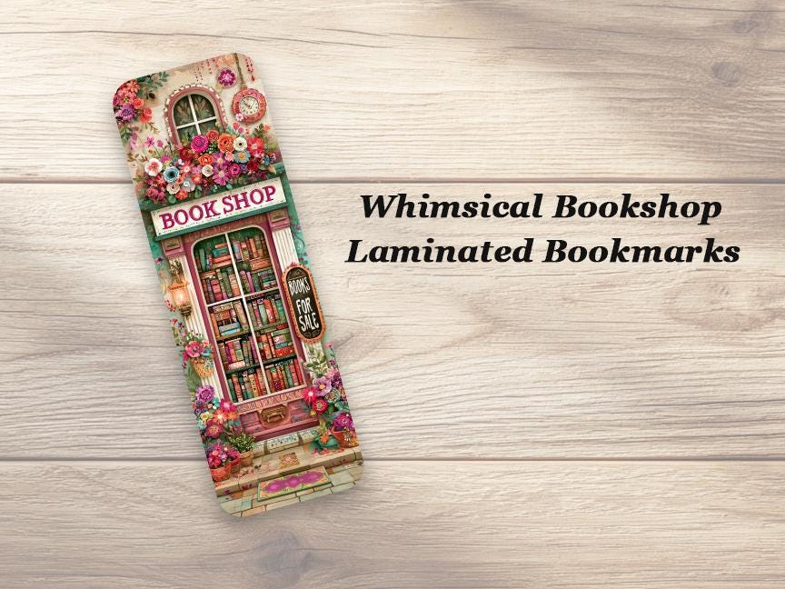 Whimsical Bookshop Bookmarks. Set of 4 Laminated Bookstore Bookmarks. Book Lover Gift.