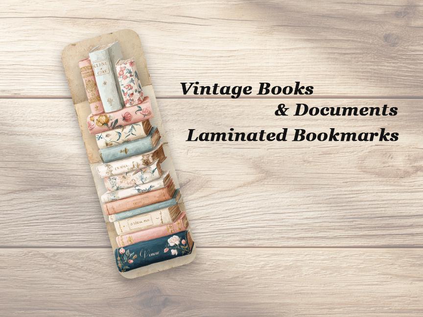 Vintage Books & Documents Bookmarks. Set of 4 Laminated Antique Book Lover Bookmarks.