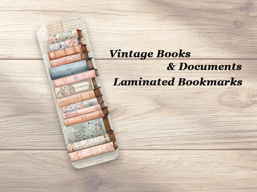 Vintage Books & Documents Bookmarks. Set of 4 Laminated Antique Book Lover Bookmarks.