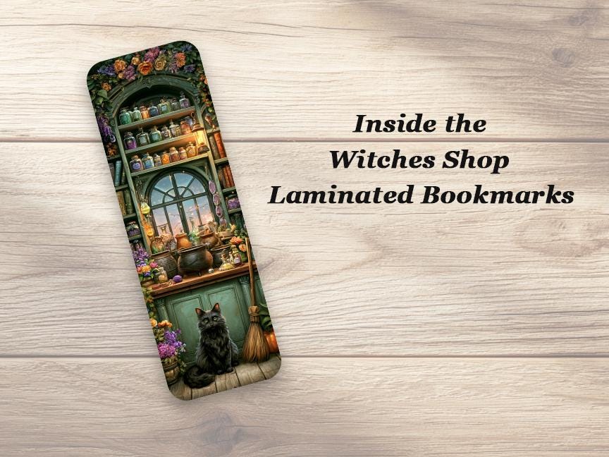 Inside the Witches Shop Bookmarks. Set of 4 Laminated Whimsical Witchy Bookmarks. Book Lover Gift