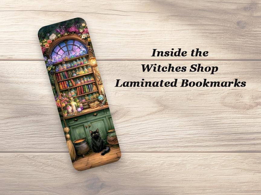 Inside the Witches Shop Bookmarks. Set of 4 Laminated Whimsical Witchy Bookmarks. Book Lover Gift