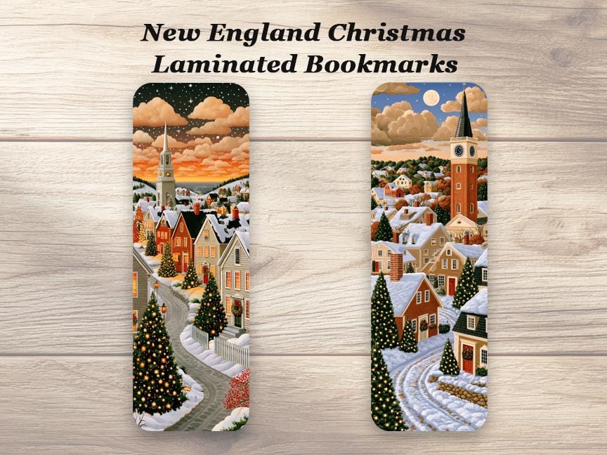 New England Christmas Bookmark. Set of 4 Laminated Winter Village Bookmarks. Book Lover Gift