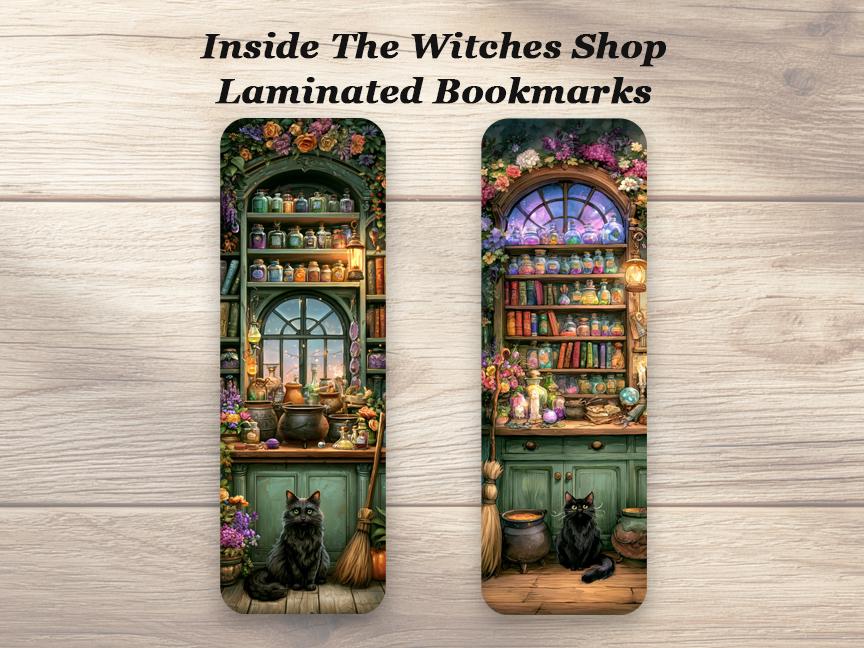 Inside the Witches Shop Bookmarks. Set of 4 Laminated Whimsical Witchy Bookmarks. Book Lover Gift