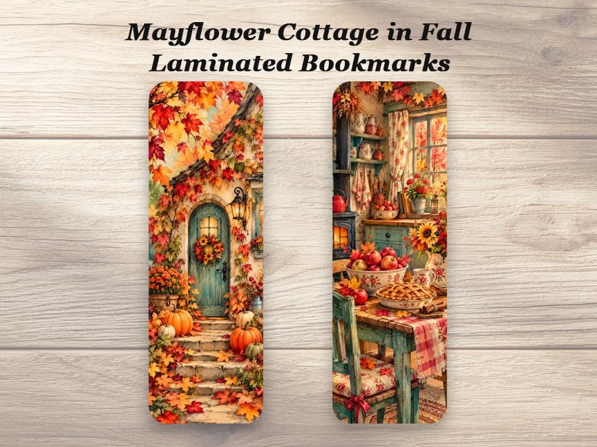 Mayflower Cottage in Fall Bookmarks. Set of 4 Autumn Laminated Bookmarks. Gift for Book Lovers