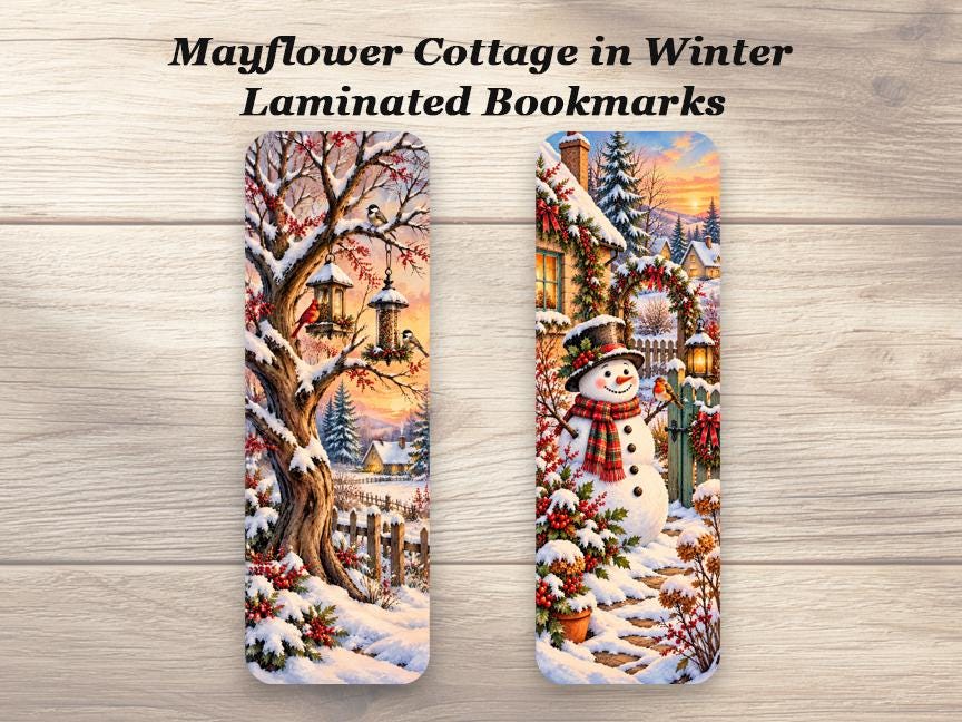 Mayflower Cottage in Winter Bookmarks, Set of 4 Laminated Christmas Bookmarks. Christmas Gift for Book Lovers