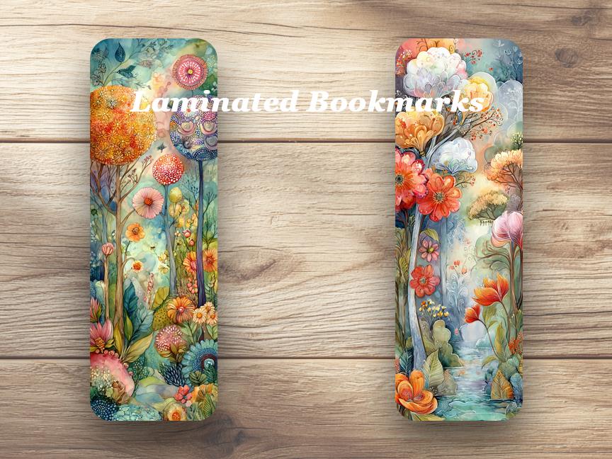Whimsical Garden Laminated Bookmarks. Set of 4 Bookmarks. Ideal Gift for Book Lovers, Readers. Colorful Whimsical Print.