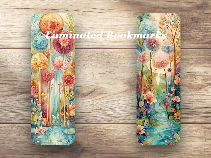 Whimsical Garden Laminated Bookmarks. Set of 4 Bookmarks. Ideal Gift for Book Lovers, Readers. Colorful Whimsical Print.