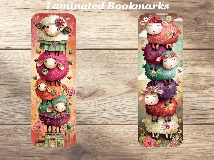 Whimsical Sheep Laminated Bookmarks. Set of 4 Cute Sheep themed book marks. Ideal gift for Book Lovers or keep for yourself!
