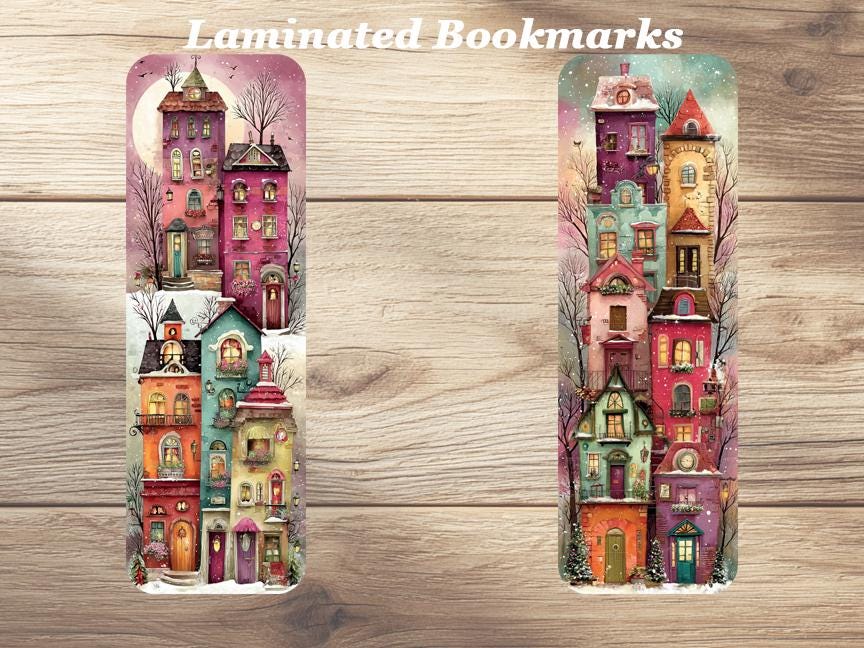 Whimsical Winter Village Laminated Bookmarks Set of 4 different designs Cute Winter Scenes. Idela gift for book lovers, readers or yourself!