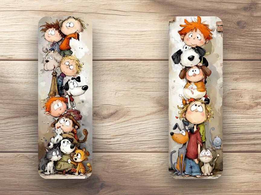 Crazy Kids, Cats and Dogs Laminated Bookmarks. A set of 4 bookmarks ready for marking your page. Ideal gift for all book lovers or yourself!