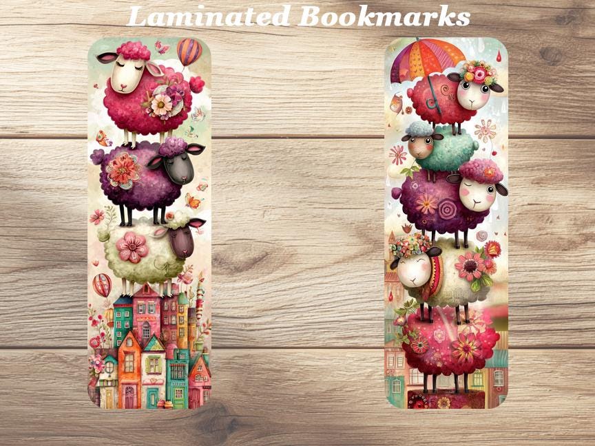 Whimsical Sheep Laminated Bookmarks. Set of 4 Cute Sheep themed book marks. Ideal gift for Book Lovers or keep for yourself!