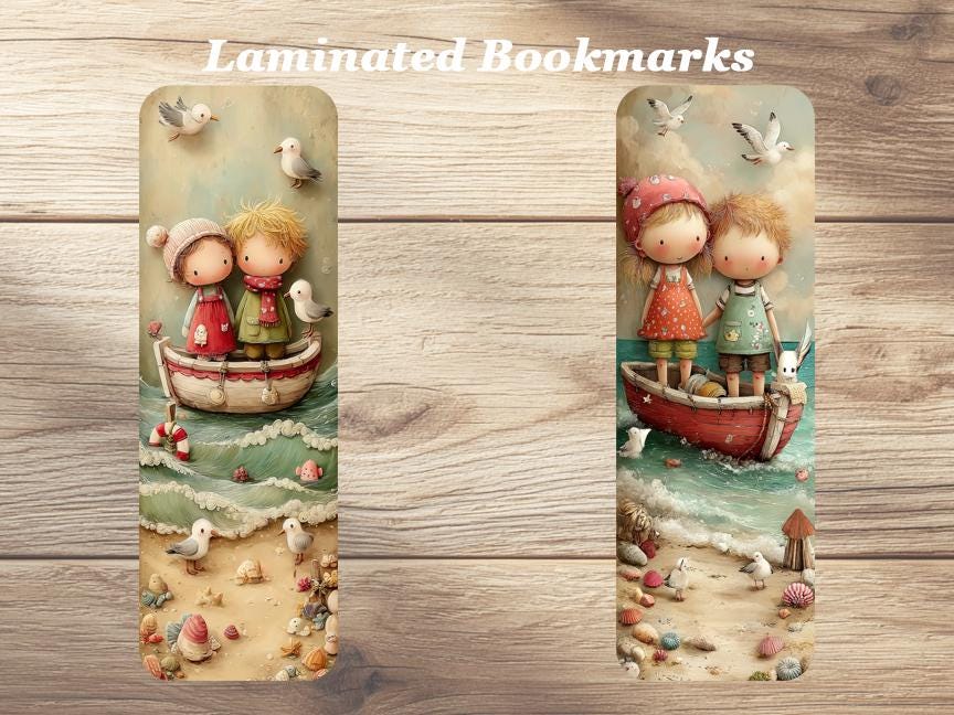 Cute Seaside Kids Bookmarks. Set of 4 Laminated Whimsical Beach Themed Bookmarks.  Cute Ocean-Themed Gift