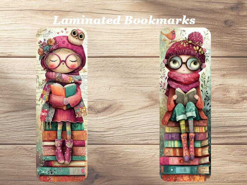 The Book Worm Laminated Bookmarks Set of 4 whimsical book marks just for you. Ideal book clubs, gift for book lover, readers.