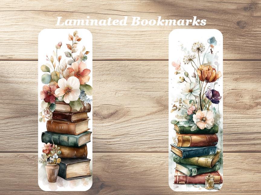 Watercolor Books Bookmarks. Set of 4 Laminated Floral Bookmarks for Book Lovers