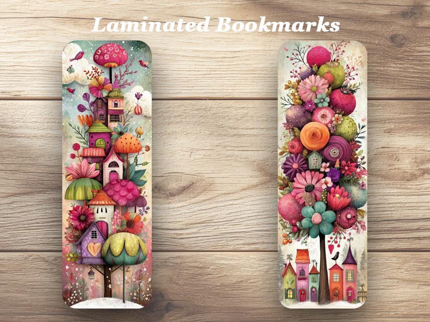 Whimsical Tree Houses Laminated Bookmarks. Set of 4 different designs. Ideal Gift For Book Lovers, Readers or for yourself!