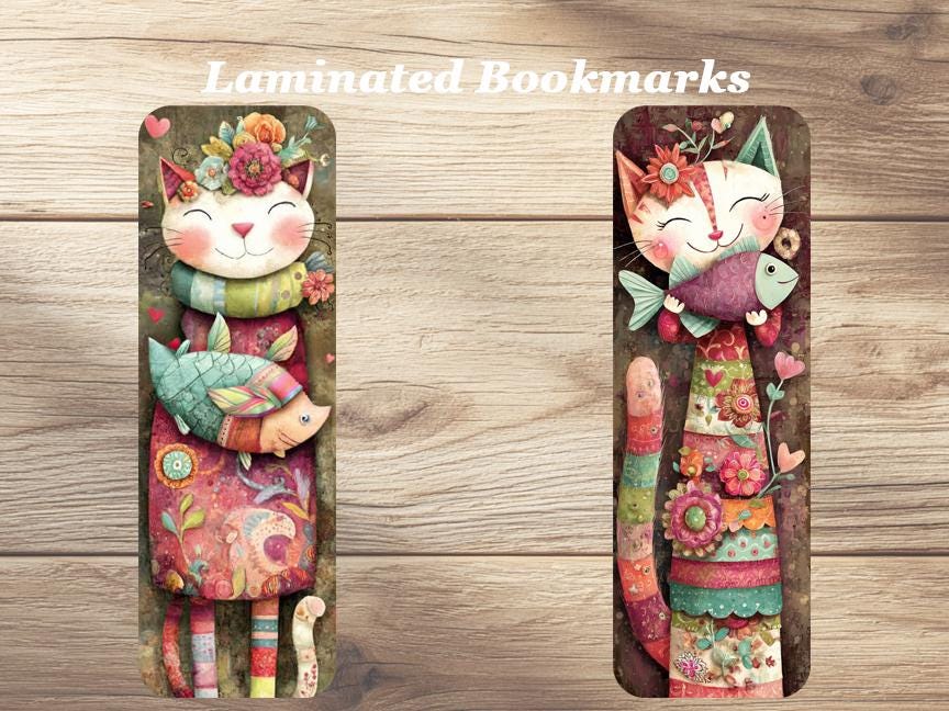 Whimsical Cats Laminated Bookmarks. Set of 4 cute cat book marks. Ideal gift for book lovers, Readers or for yourself!