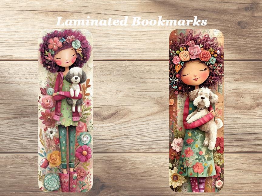 I Love Dogs Laminated Bookmarks. Set of 4 cute bookmarks featuring dogs and their owners. Gift for book lovers, readers or yourself!