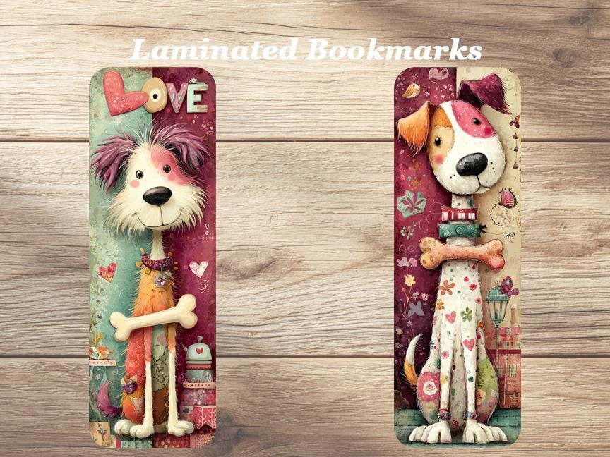 Whimsical Dogs Laminated Bookmarks. Set of 4 Cute Canine Book Marks. Idela Gift for Book Lovers, Readers, Kids or just for yourself!