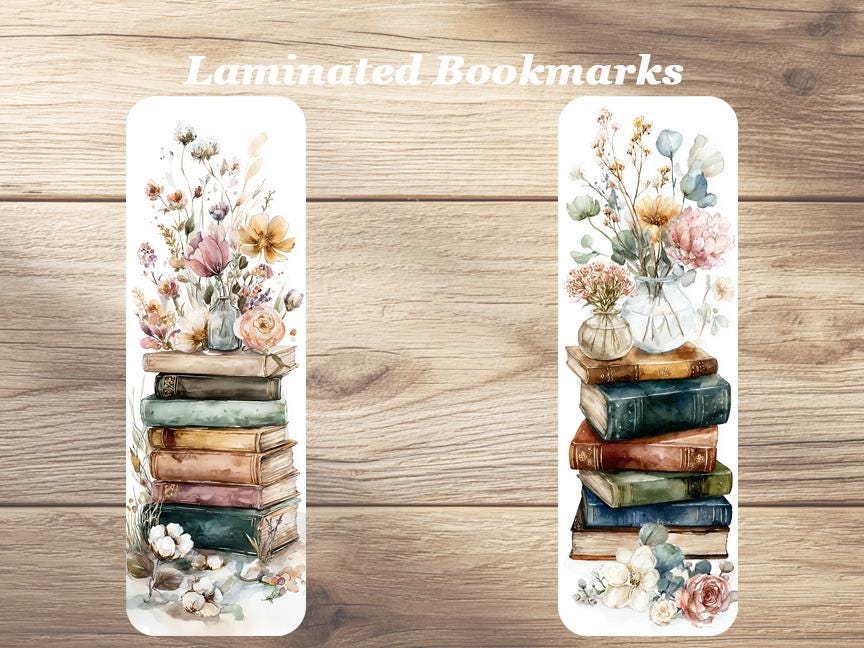 Watercolor Books Bookmarks. Set of 4 Laminated Floral Bookmarks for Book Lovers