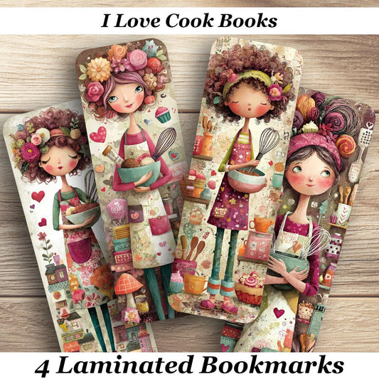 I Love Cook Books Bookmarks. Set of 4 Whimsical Laminated Bookmarks. Gift for Bakers, Chefs & Cookbook Lovers