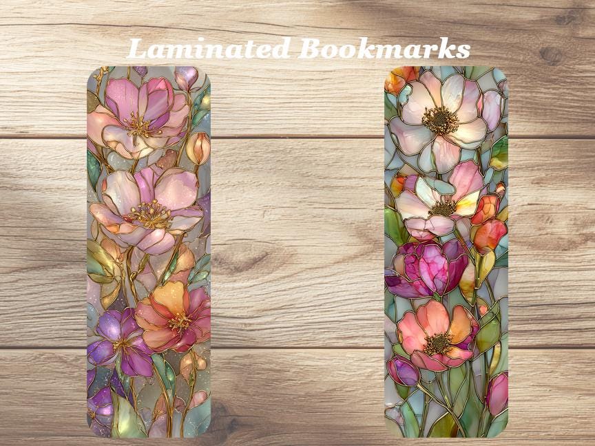 Stained Glass Flowers Laminated Bookmarks. Set of 4 pretty flower themed book marks. Ideal gift for book lovers, gardeners, readers or you!
