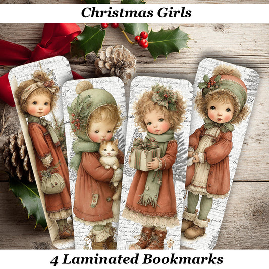 Vintage Christmas Girls Laminated Bookmarks. Lovely set of 4 vintage themed bookmarks. Ideal gift for book lovers or keep for yourself!
