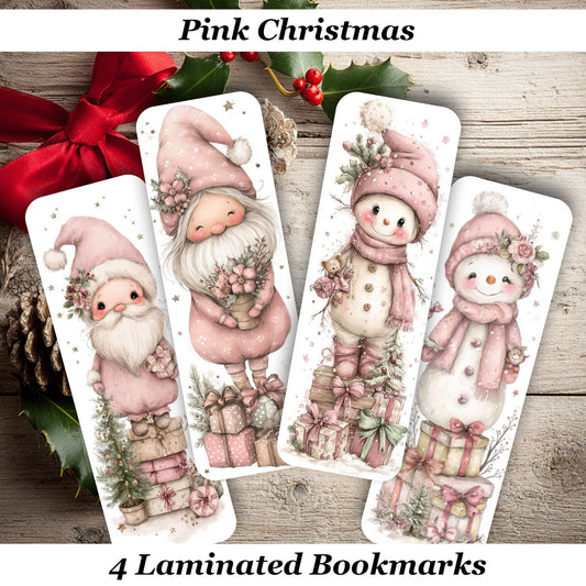 Pink Christmas Laminated Bookmarks. Set of 4. Gift for book lovers, readers or for yourself!