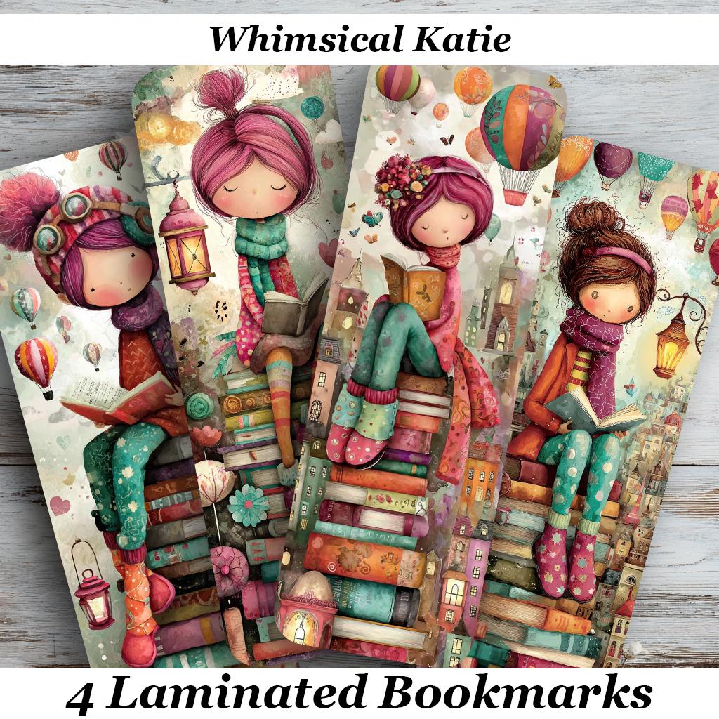 Whimsical Katie Laminated Bookmarks. Set of 4 different designs. Gift for Book Lovers, Readers, Book Clubs, yourself!