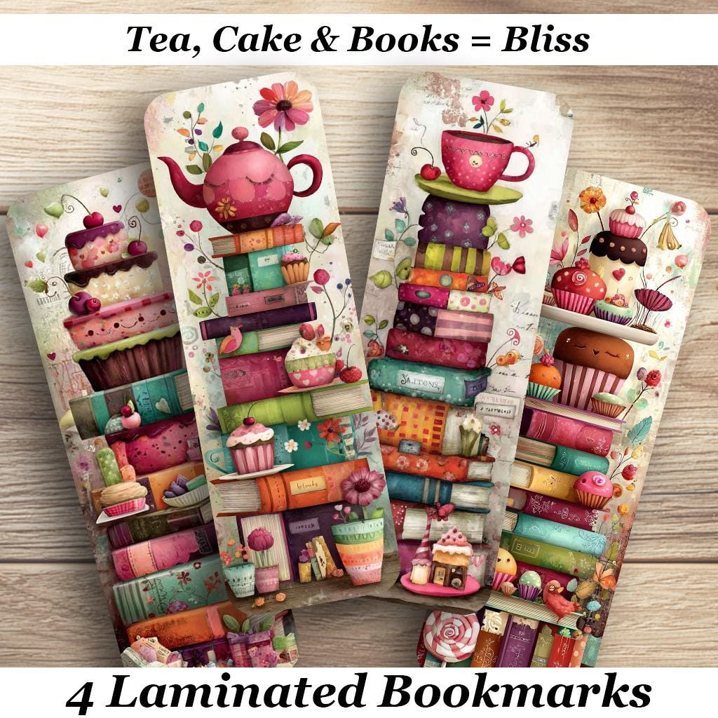 Tea + Cake + Books = Bliss Laminated Bookmarks. Set of 4 whimsical book marks. Ideal gift for book lovers, tea drinkers and cake eaters