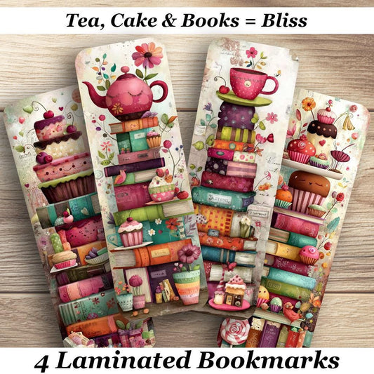 Tea + Cake + Books = Bliss Laminated Bookmarks. Set of 4 whimsical book marks. Ideal gift for book lovers, tea drinkers and cake eaters