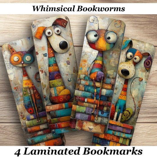 Whimsical Bookworms Laminated Bookmarks. Set of 4 different designs. Ideal gift for book lovers, readers, book clubs, kids or yourself!