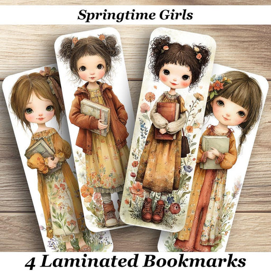 Springtime Girls Laminated Bookmarks. Set of 4 pretty cottagecore book marks. Ideal gift for book lovers, readers or for yourself!