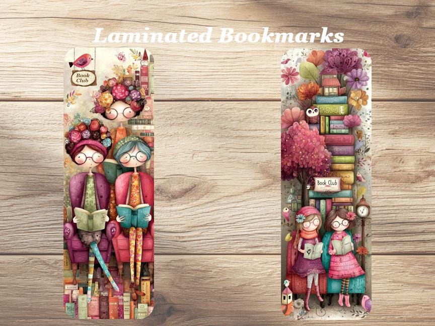 Whimsical Book Club Laminated Bookmarks. Set of 4 cute book marks. Ideal gift for book club members, book lovers, readers or yourself!!