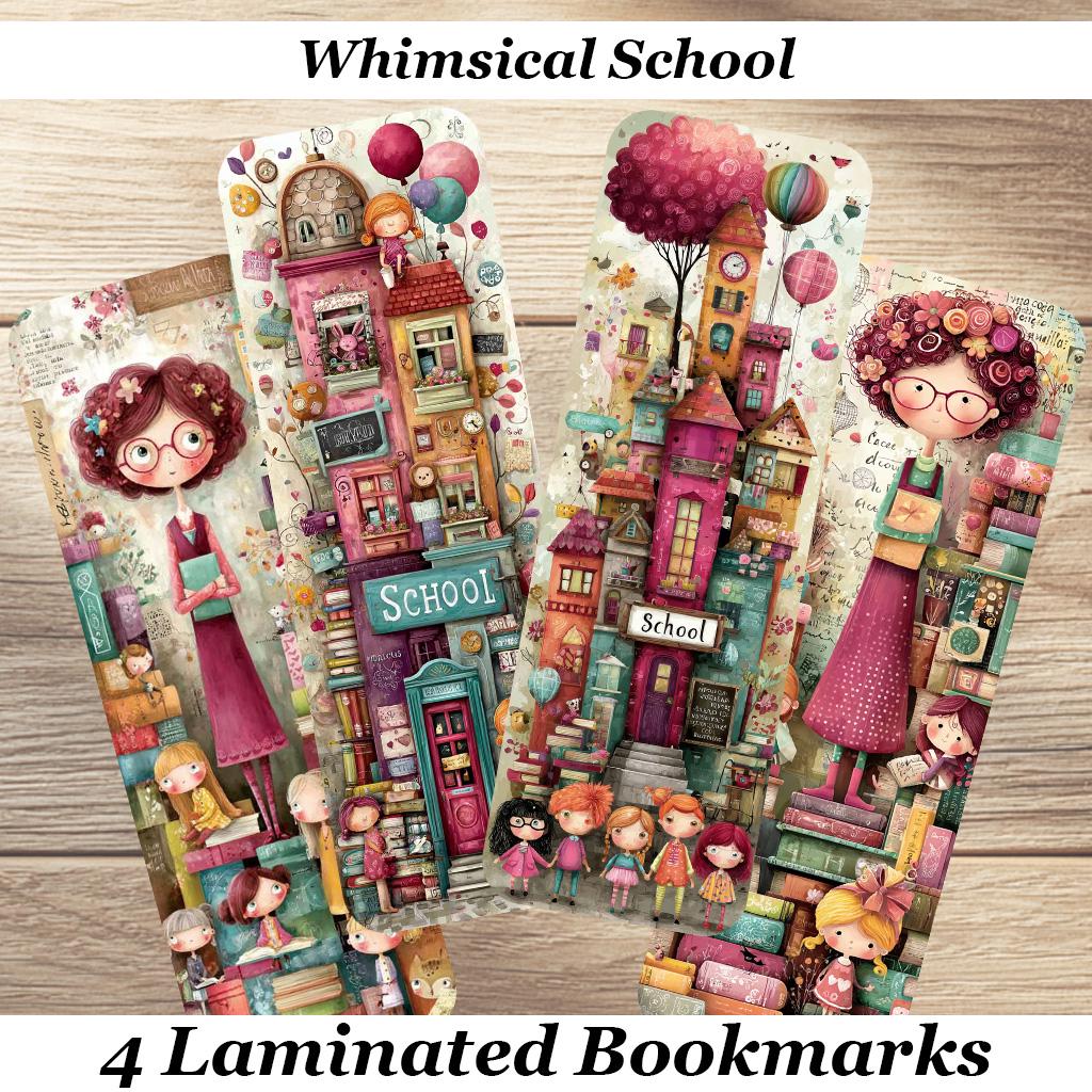 Whimsical Teachers Laminated Bookmarks. Set of 4 cute book marks. Ideal gift for teachers, kids, book lovers or for yourself!