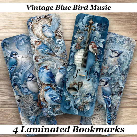Vintage Blue Bird Music Bookmarks. Set of 4 laminated book marks. Ideal gift for Bird Lovers, Book Lovers, Book Clubs or just for you!