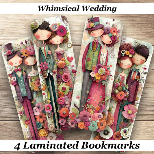 Whimsical Wedding Laminated Bookmarks. Set of 4 cute book marks. Ideal gift for wedding favors, book lovers, book clubs or just for you !