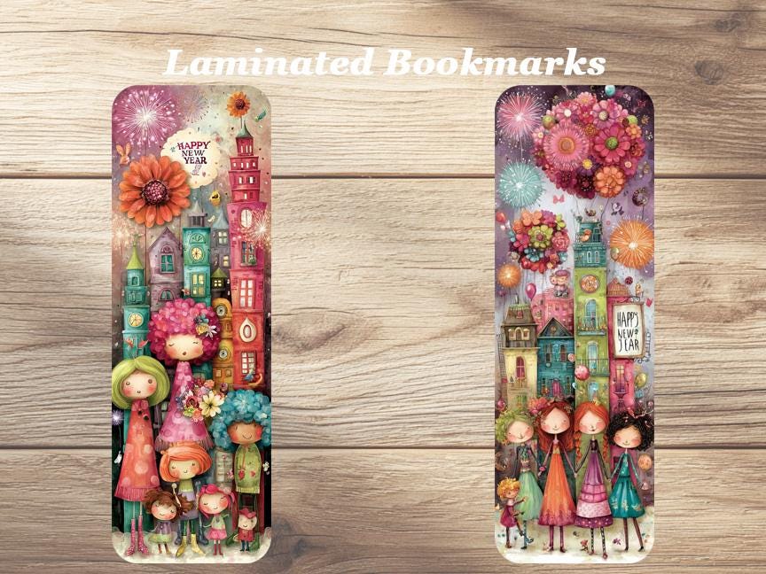 Whimsical Happy New Year Laminated Bookmarks. Set of 4 joyful book marks. Ideal for New Year, Book Lovers, Readers or for yourself!