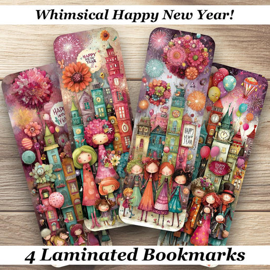 Whimsical Happy New Year Laminated Bookmarks. Set of 4 joyful book marks. Ideal for New Year, Book Lovers, Readers or for yourself!
