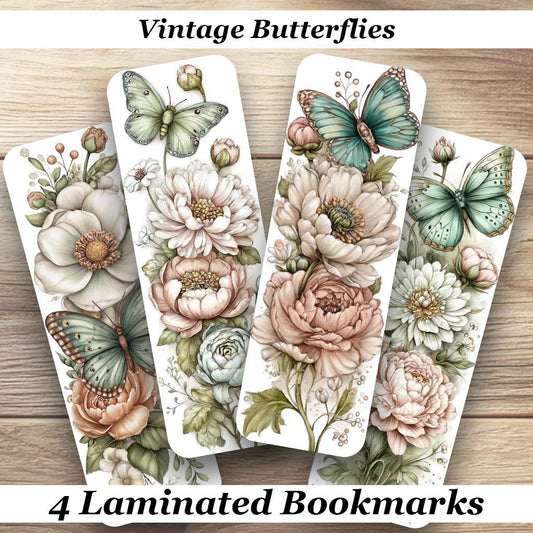 Vintage Butterflies Laminated Bookmarks. Set of 4 beautiful book marks. Ideal gift for Book Lovers, Readers or for yourself!