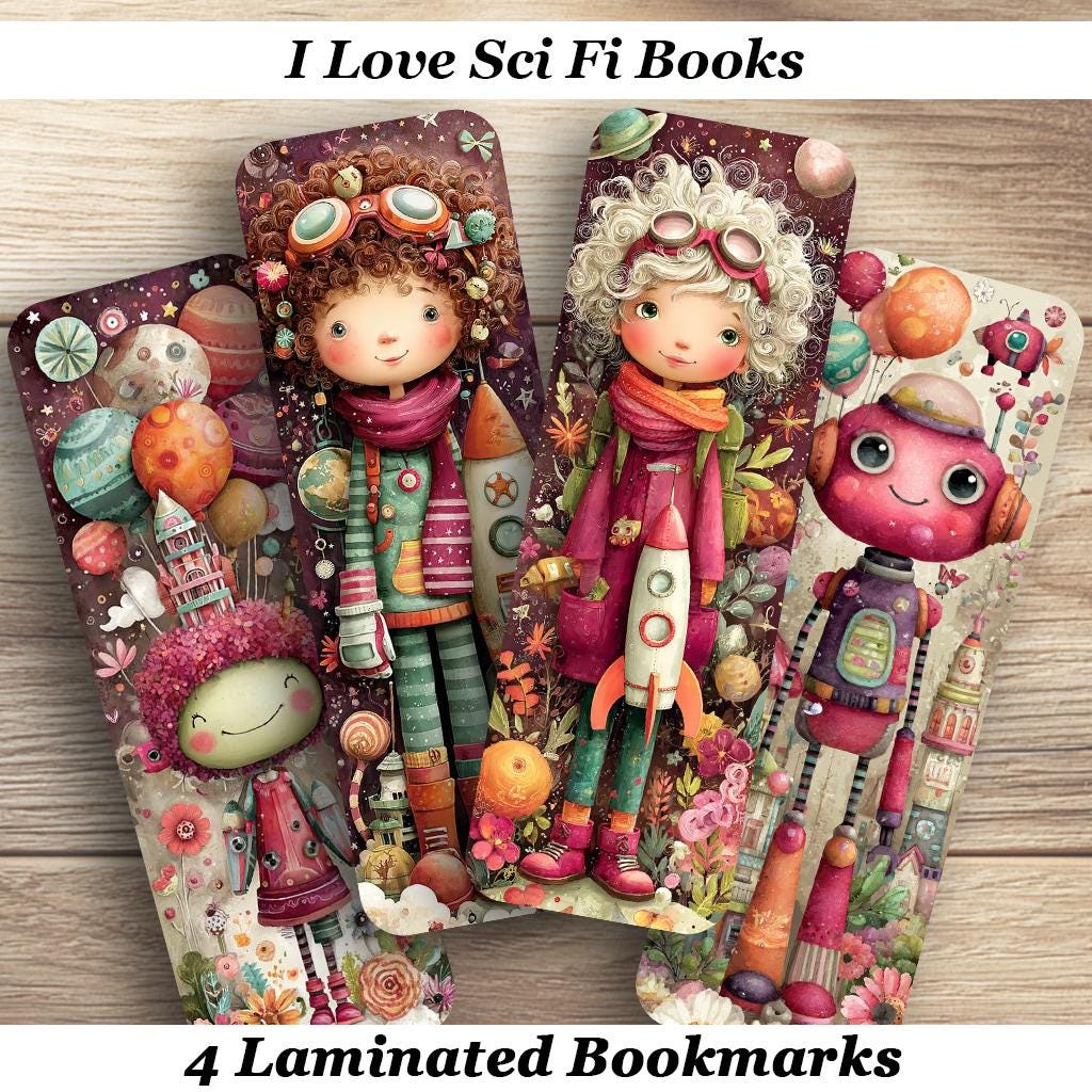 I Love Sci Fi Books Laminated Bookmarks. Set of 4 quality whimsical book marks. Ideal gifts for book lovers, readers, book clubs or yourself