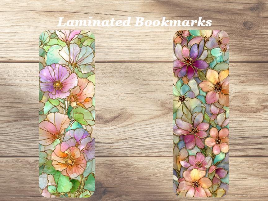 Stained Glass Flowers Laminated Bookmarks. Set of 4 pretty flower themed book marks. Ideal gift for book lovers, gardeners, readers or you!
