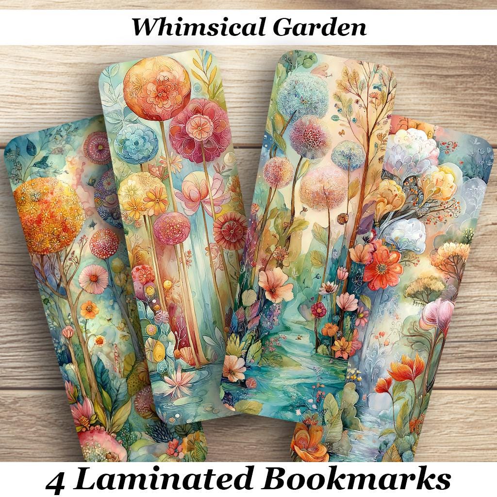 Whimsical Garden Laminated Bookmarks. Set of 4 Bookmarks. Ideal Gift for Book Lovers, Readers. Colorful Whimsical Print.